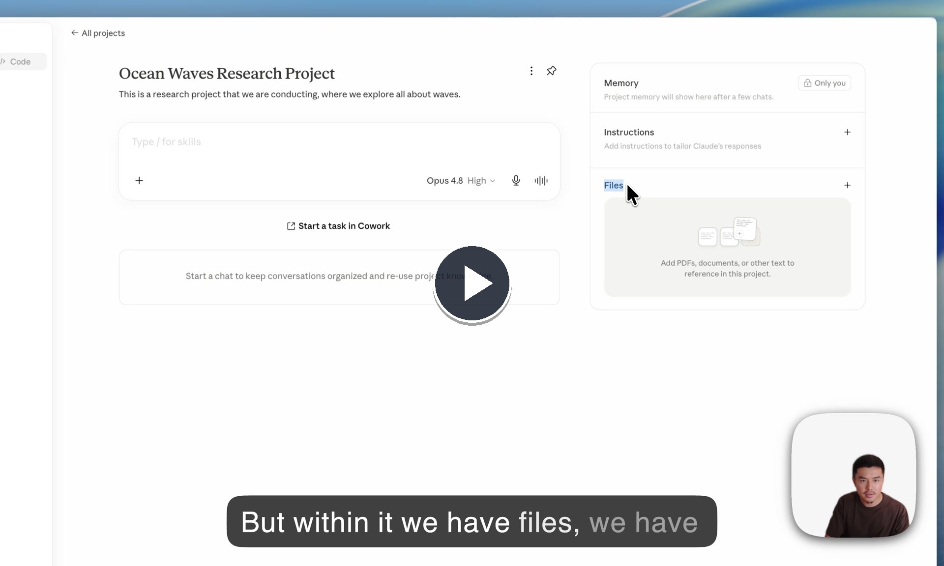 Video thumbnail for the Claude Projects walkthrough, showing files inside an Ocean Waves research project.
