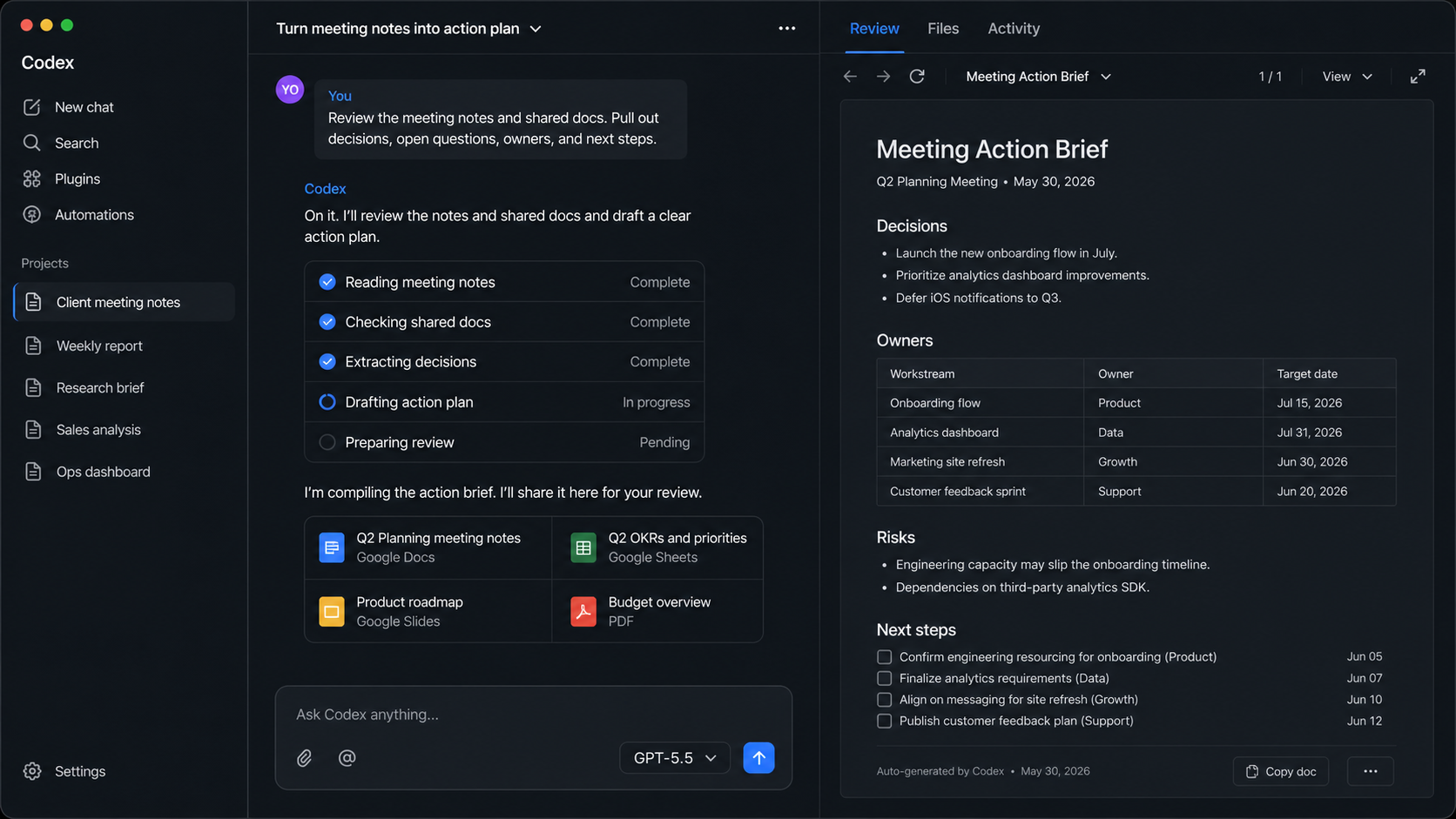Generated Codex-style desktop workspace showing an agent turning meeting notes and shared documents into an action brief.