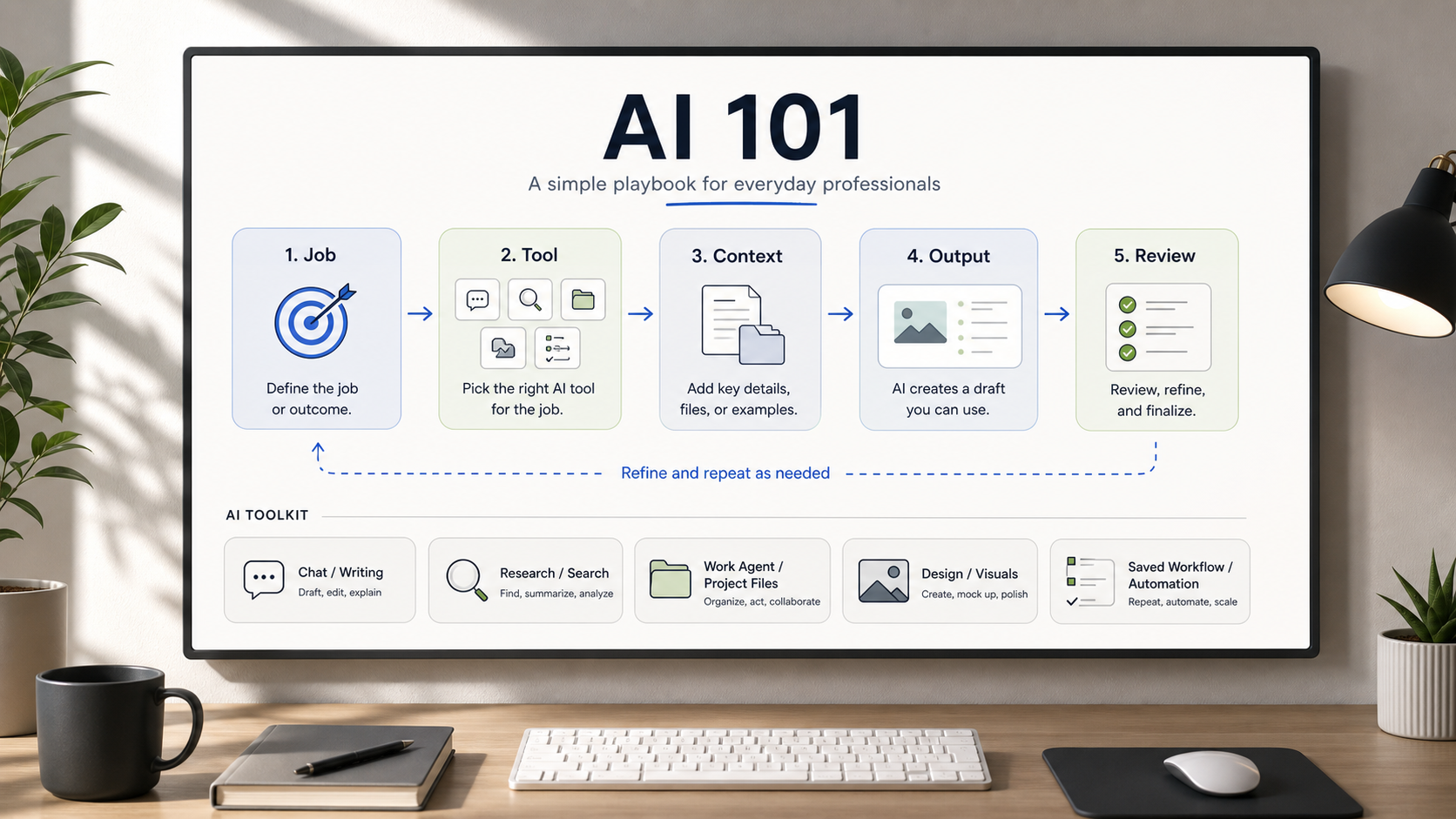 Generated AI 101 workflow map showing job, tool, context, output, and review steps with common AI tool categories.