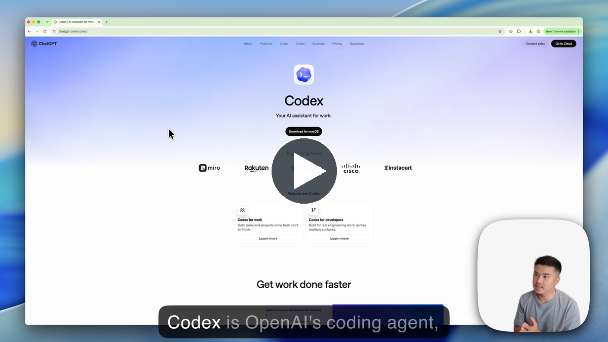 Video thumbnail for the Codex setup walkthrough, showing the Codex download page with a centered play button.